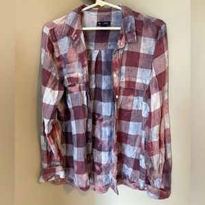 Vintage- Distressed- Plaid button up- Acid Washed- Large “boyfriend fit”